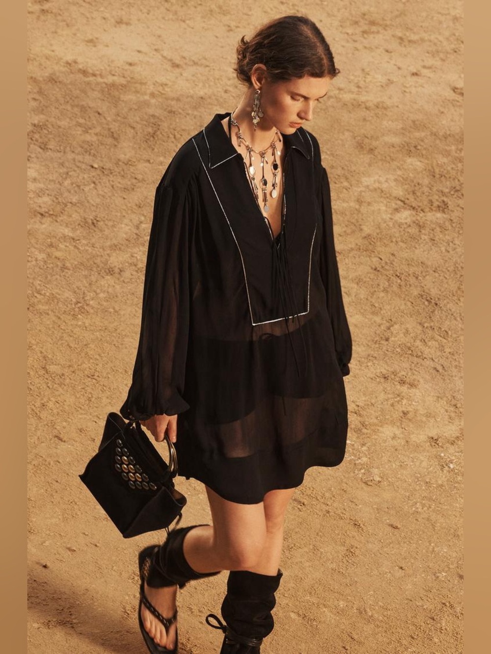 Zara limited edition black semi-sheer longline long baloon sleeve blouse sz.M